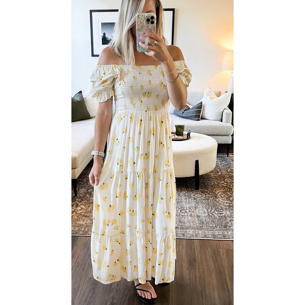 ba&sh White Off-Shoulder Maxi Dress with Yellow Floral Print